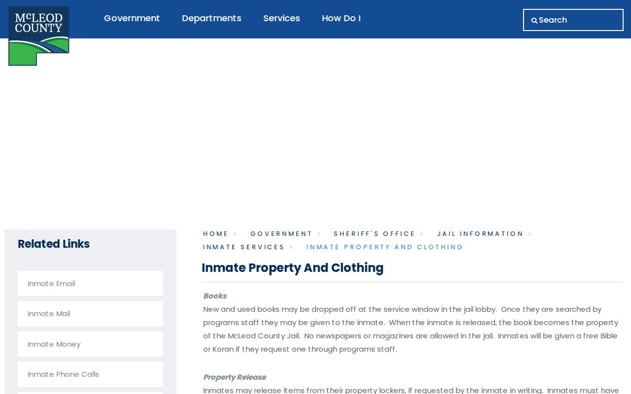 McLeod County released inmate property and clothing instructions