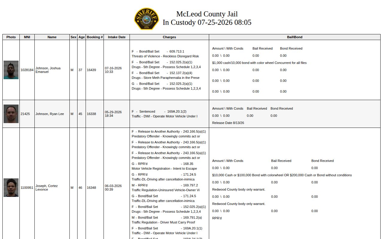 McLeod County current custody roster used before a 24-hour release check